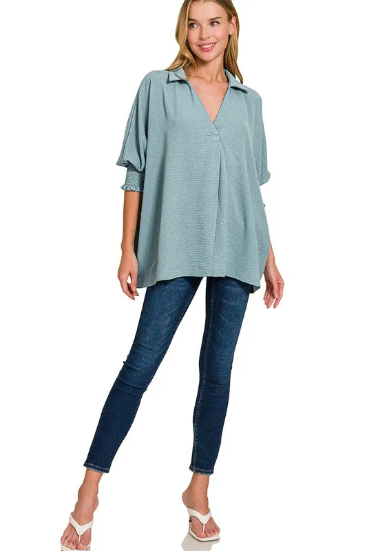 Airflow Collar Tee with Smocked Sleeve Band Top, image 3