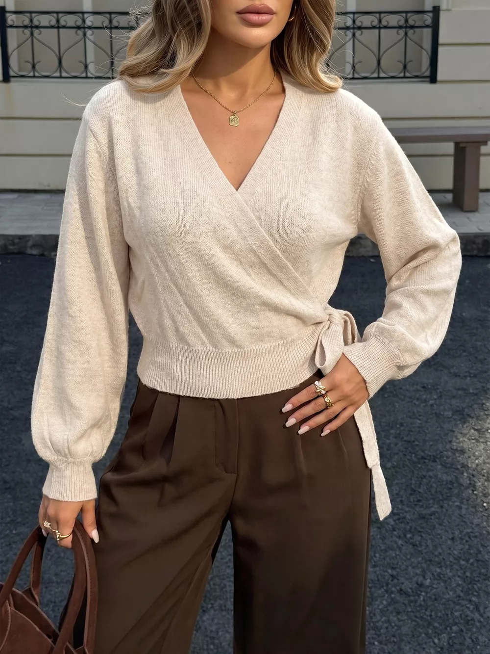 Tied Surplice Long Sleeve Sweater, image 3