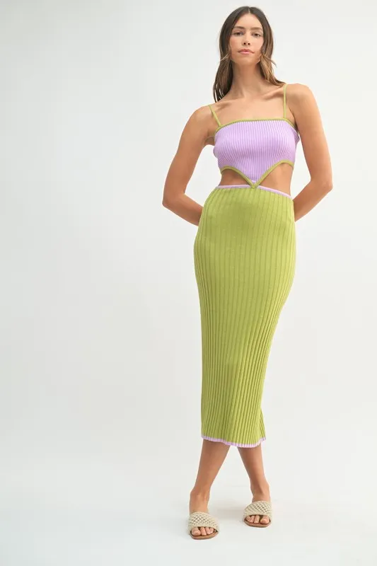 Ribbed Knit Color Block Cutout Midi Dress, image 2
