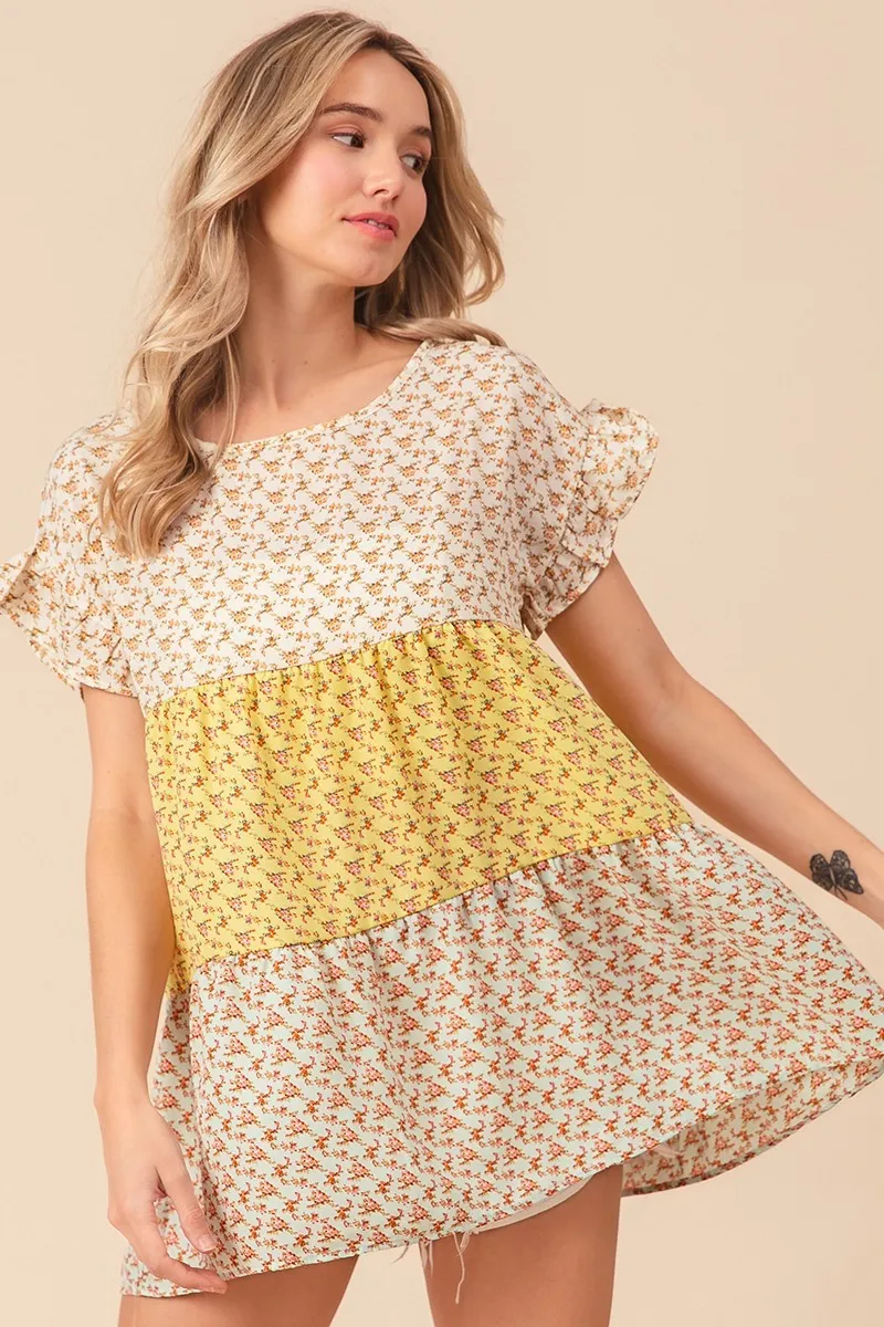 Flroal Printed Woven Color Block and Tiered Top, image 15
