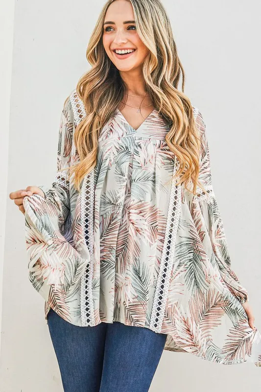 Printed with Lace Trim Casual Tunic Top
