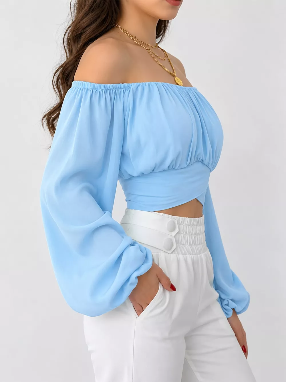 Off-Shoulder Long Sleeve Cropped Blouse, image 10