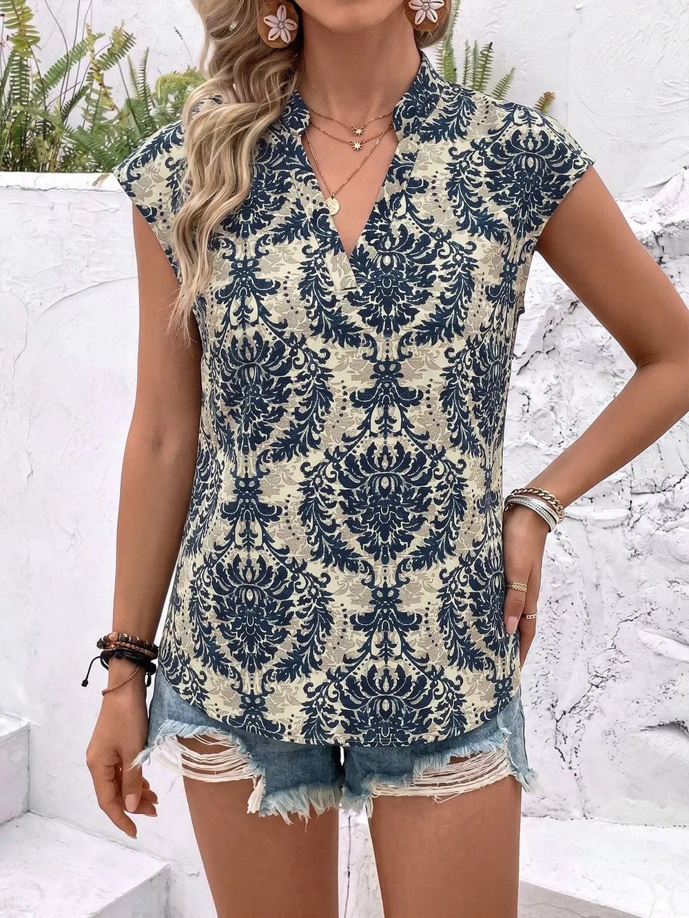 Damask Print Cap Sleeve Blouse, image 3
