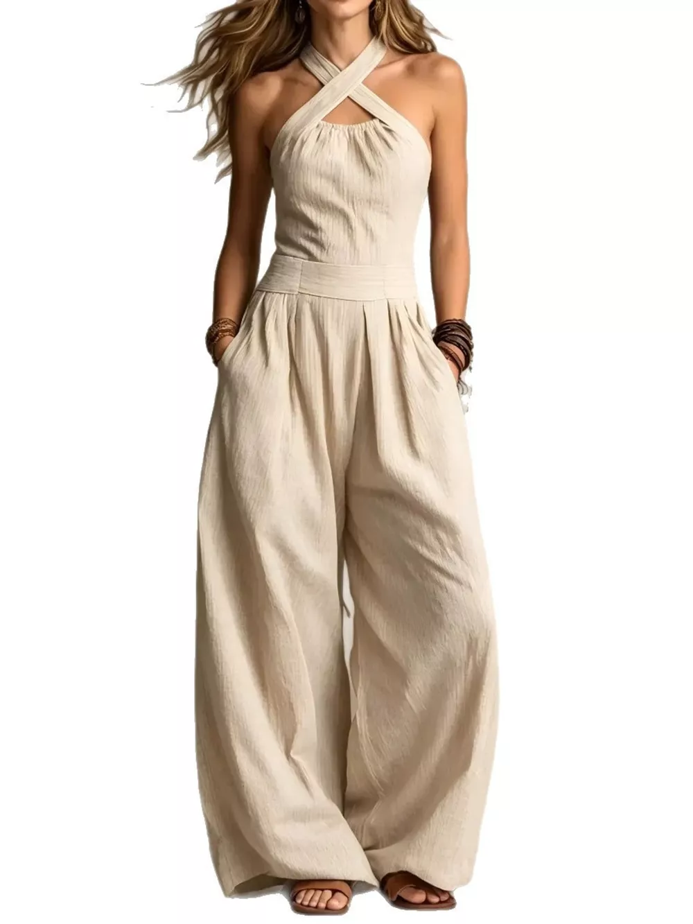 Full Size Halter Neck Wide-Leg Jumpsuit Plus Size, image 2
