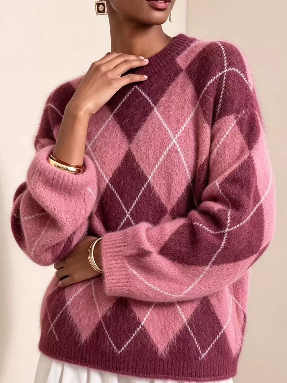 Argyle Pattern Fuzzy Knit Sweater, image 9