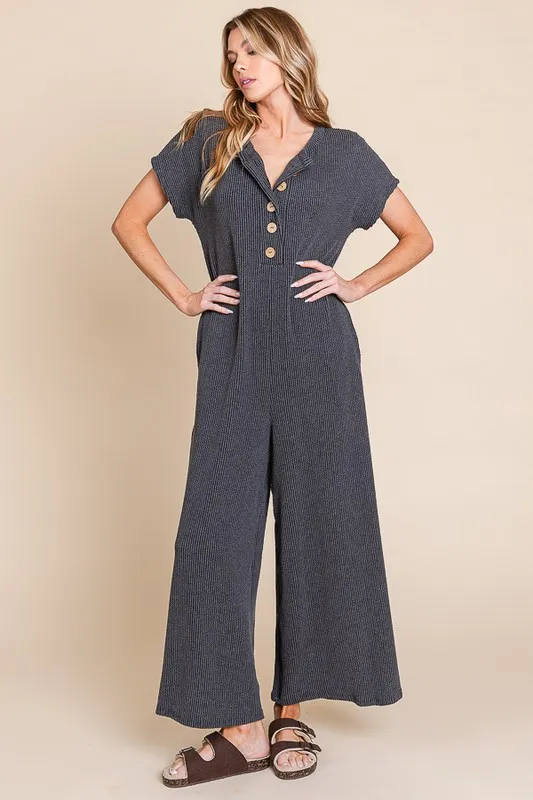 Rib Knit Jumpsuit with Button Detail
