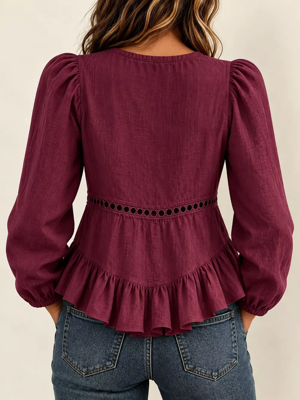 Long Sleeve Blouse with Eyelet Lace Trim and Ruffled Hem, image 15
