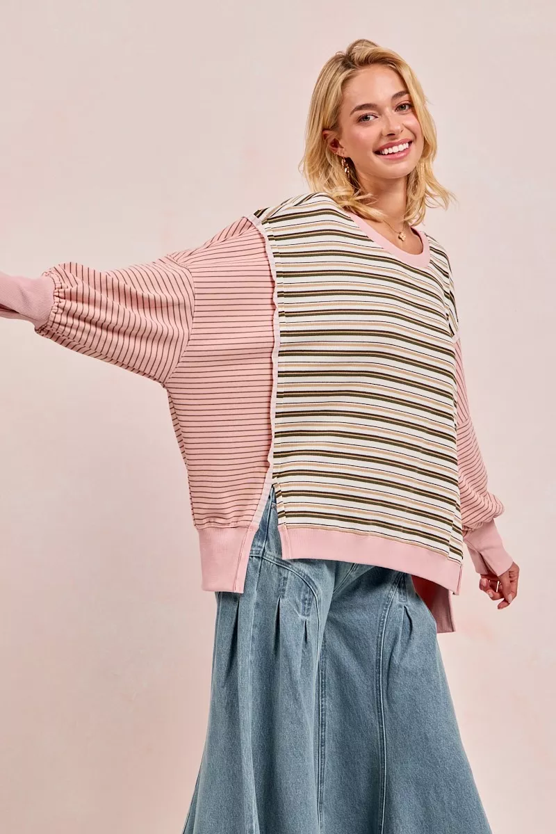 Stripe Mixed Top With Cut Edge And Reverse Outseam, image 9