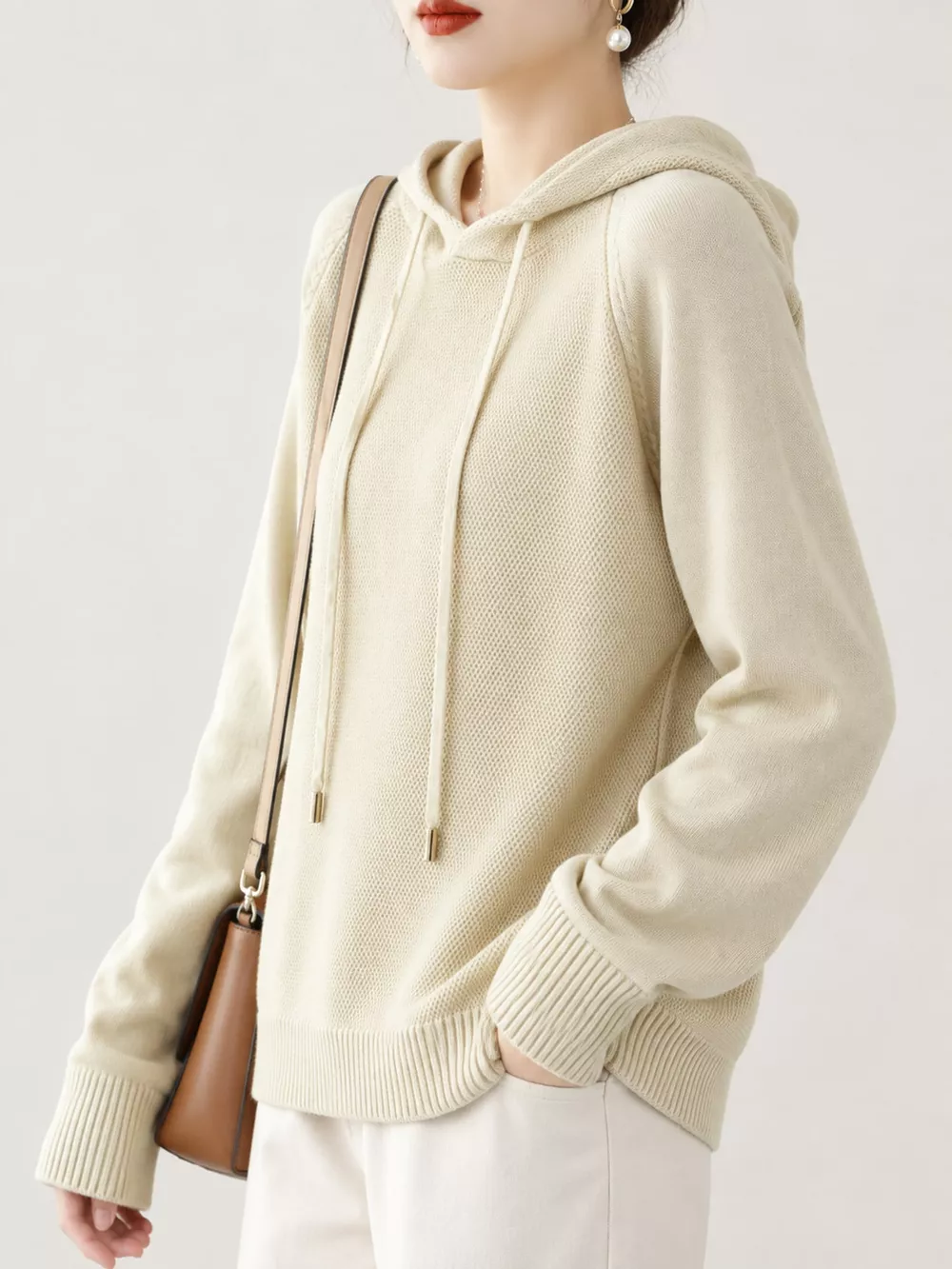 Drawstring Long Sleeve Hooded Knit Sweater, image 7