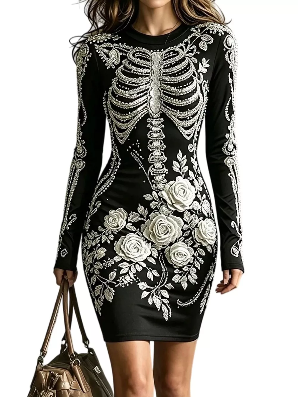 Skeleton Floral Long Sleeve Bodycon Dress, image 2