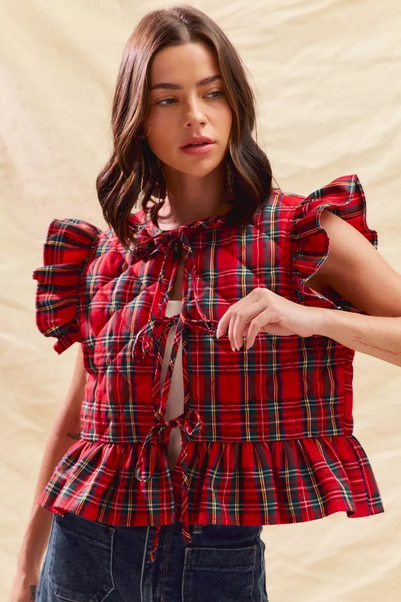 Christmas Holiday Plaid Ruffled Quilt Vest Top, image 7