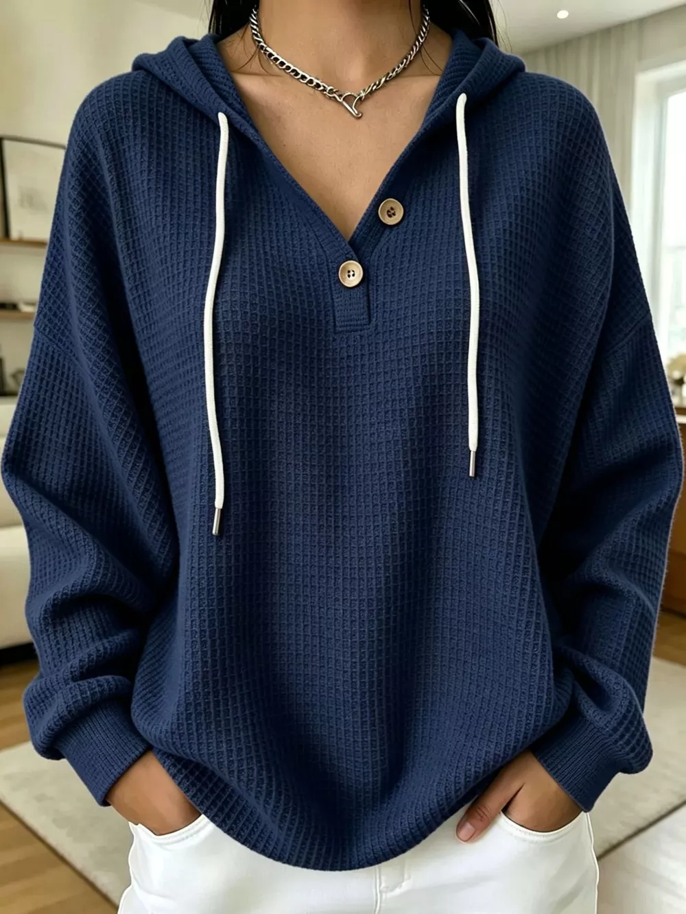 Full Size Waffle Knit Button Detail Hoodie Plus Size, image 35