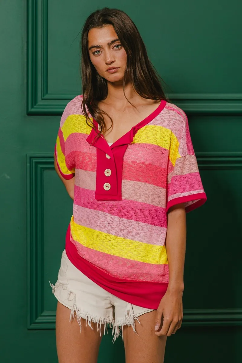 Multi Color Stripe Hacci Button Detail Ringer Top, image 7