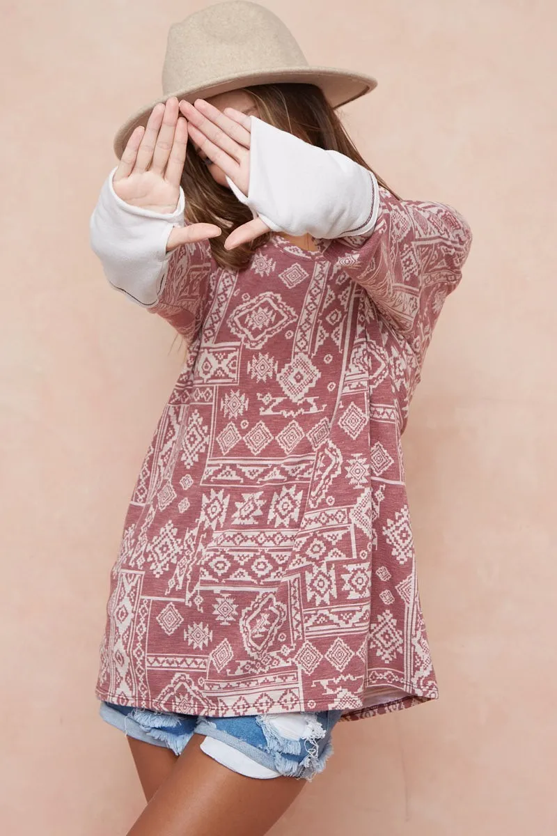 Aztec Print French Terry Top with Thumb Opening, image 6
