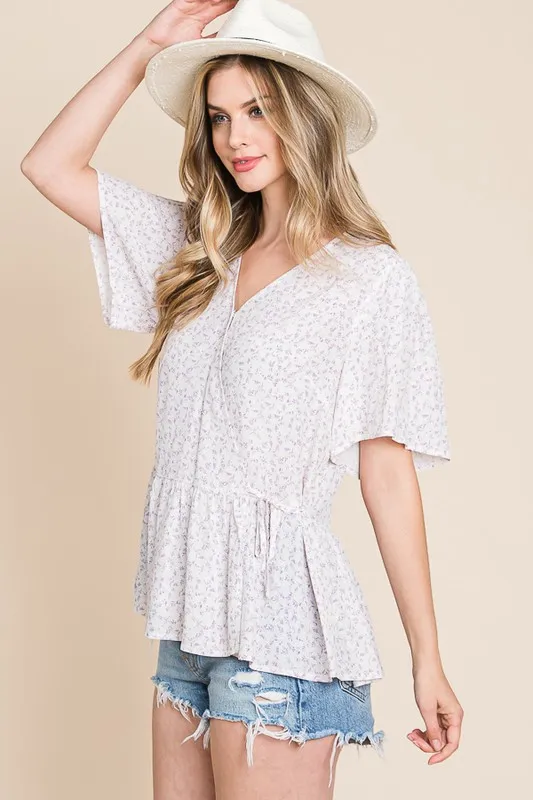 Ditsy Print V-Neck Short Sleeve Wrap Blouse, image 7