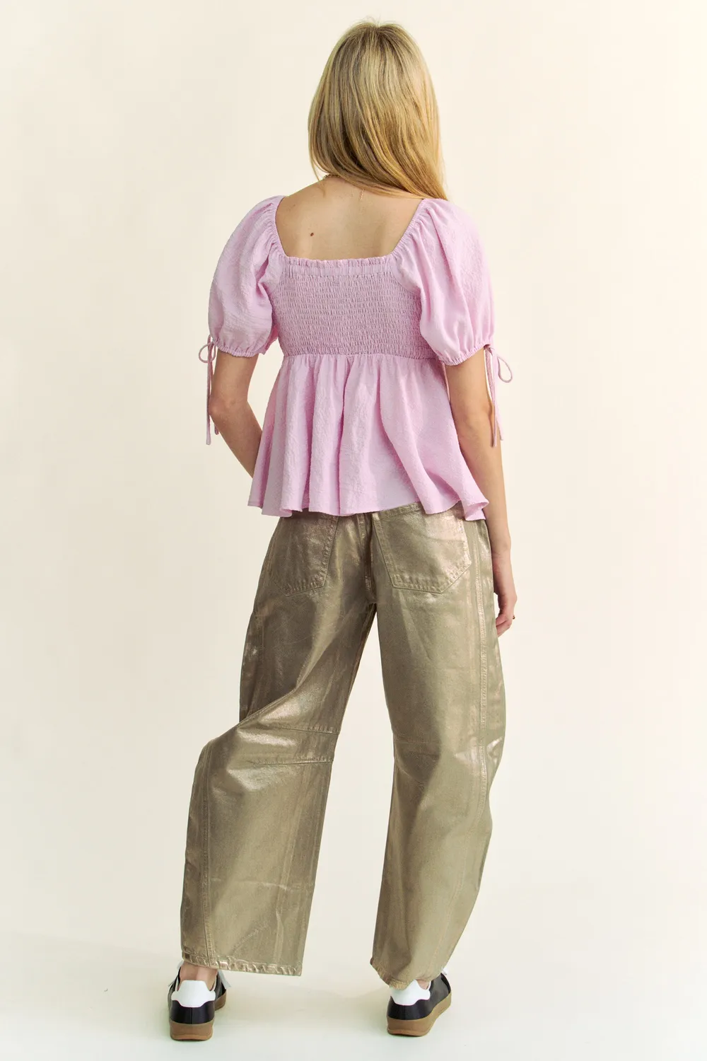 Solid Elastic Peplum Puffed Sleeves Blouse, image 10