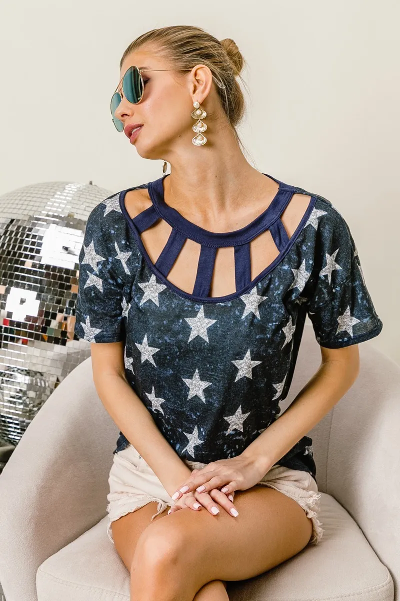 Vintage Star Print Top With Contrast Caged Neck, image 3