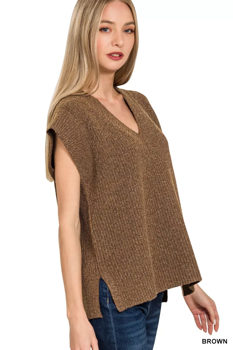 Ribbed Slit V-Neck Sweater Vest, image 2