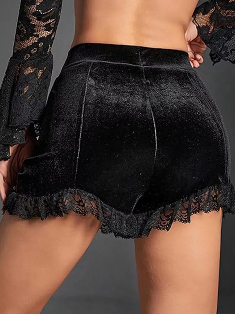 Velvet Ruched Lace Trim Shorts, image 2