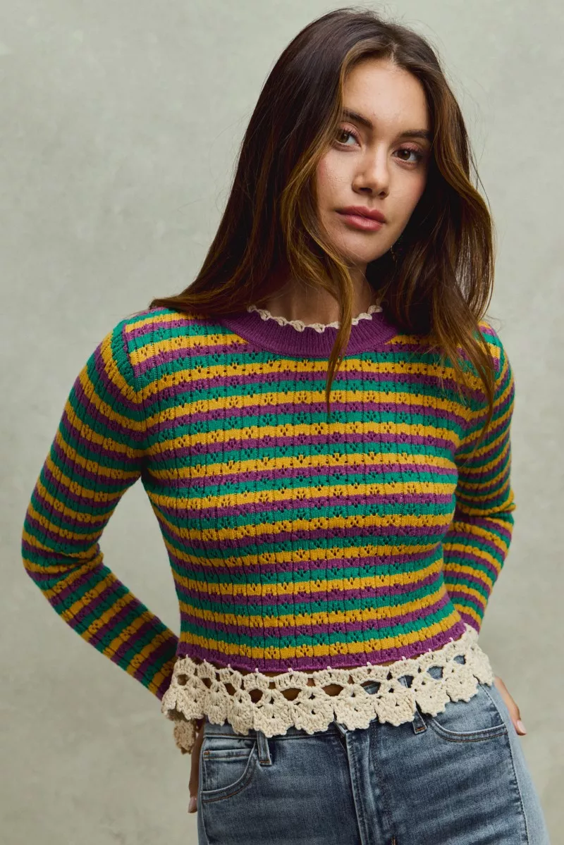 Mardi Gras Striped Cropped Knit Top with Crochet Edge, image 10