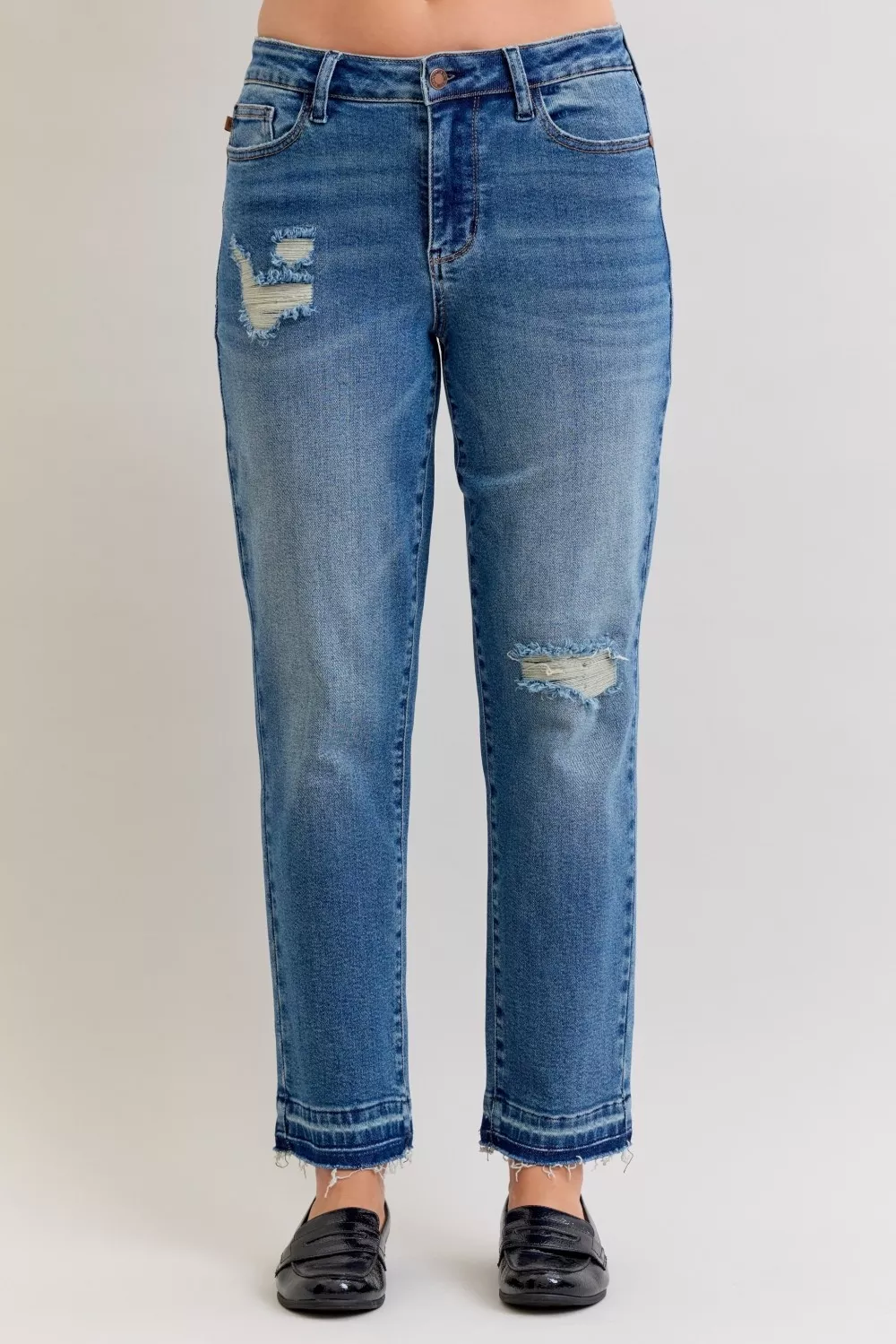 Full Size Mid Rise Bf Patch & Repair Destroy Release Hem Jeans Plus Size