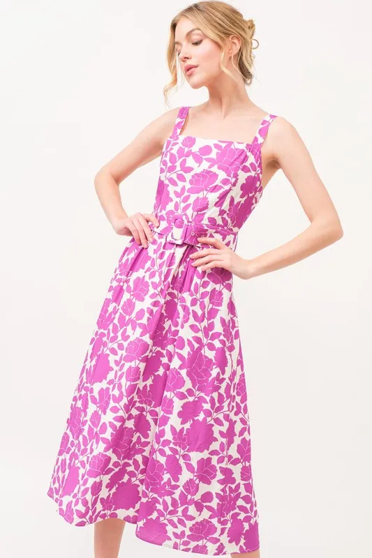 Square Neck Belted Floral Printed Midi Dress, image 5