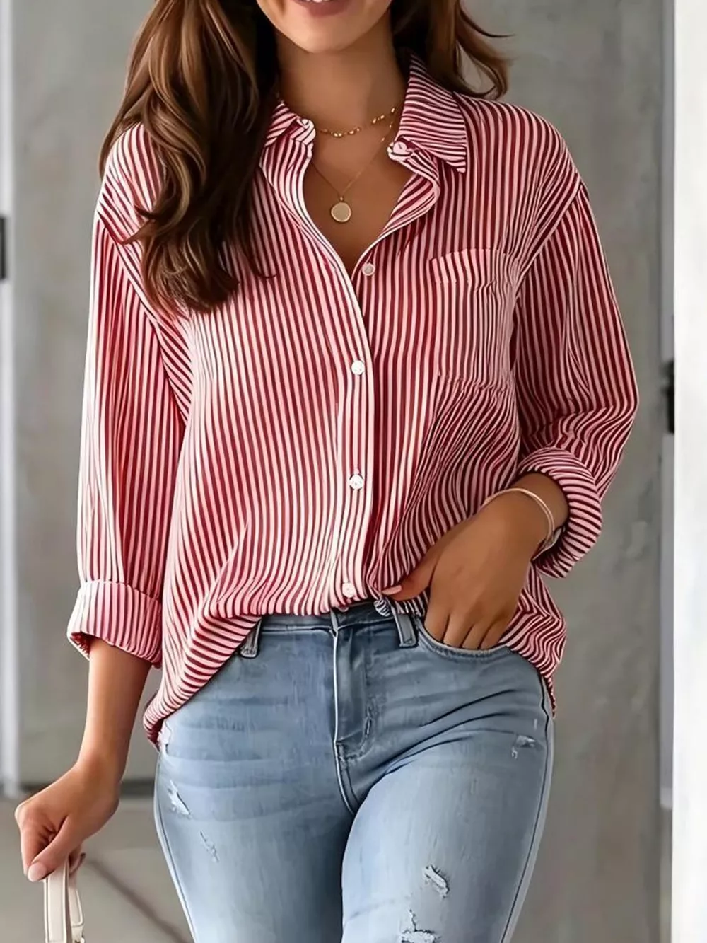 Full Size Striped Button-Down Long Sleeve Shirt Plus Size, image 47