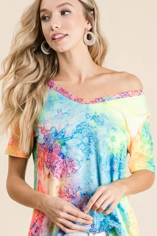 Tie Dye Print Jersey V Neck Top