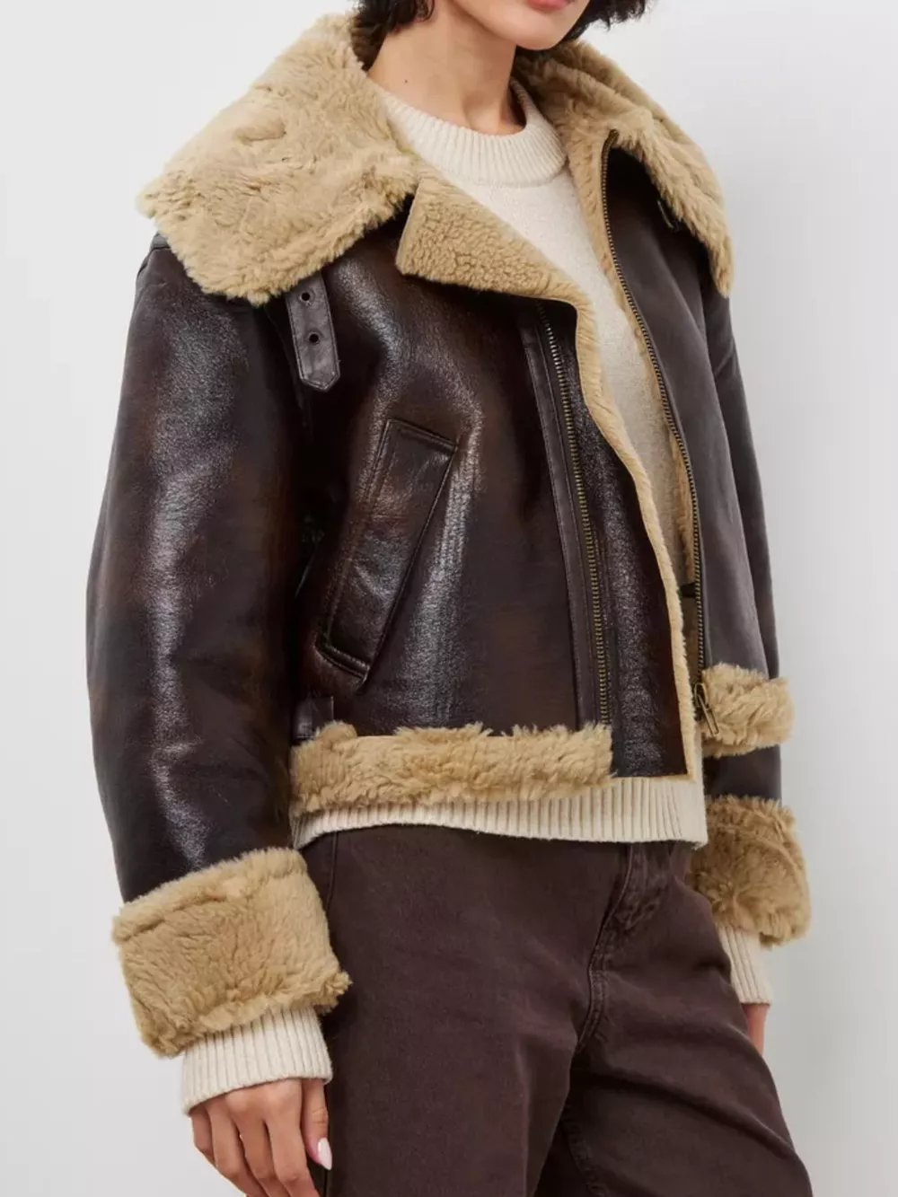 Vintage-Inspired Faux Leather Aviator Jacket with Plush Shearling Trim, image 4