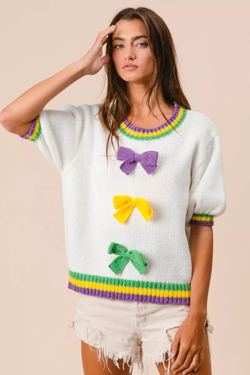 Short Puff Sleeve Ribbon Bow Mardi Gras Sweater, image 16