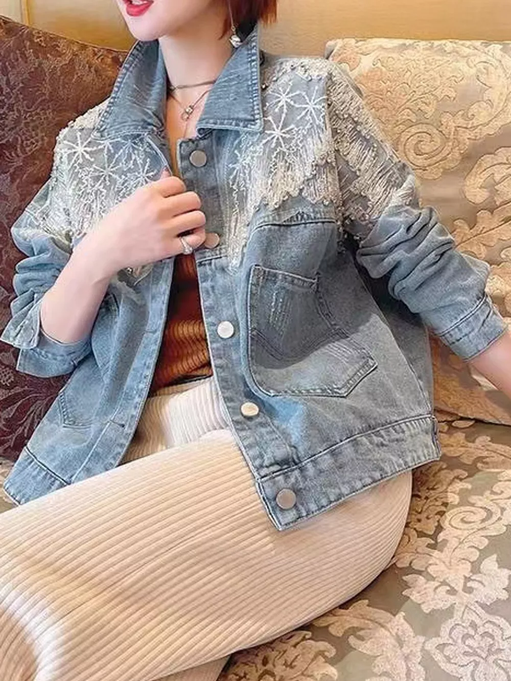 Embellished Rhinestone Snowflake Denim Jacket, image 3
