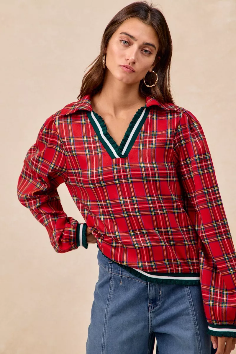 Christmas Plaid Collared Top with Ruffled Detail, image 19