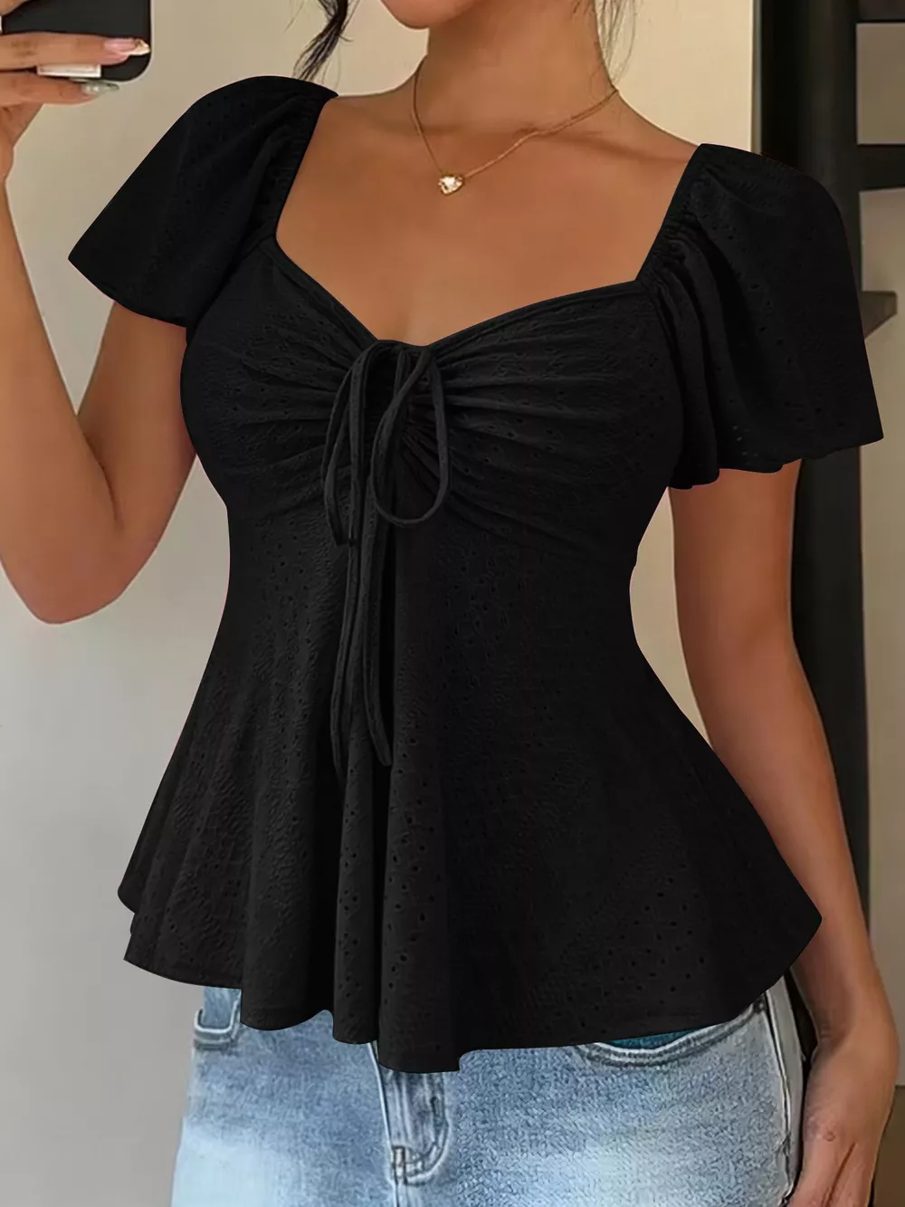 Ruched Flutter Sleeve Peplum Top, image 3