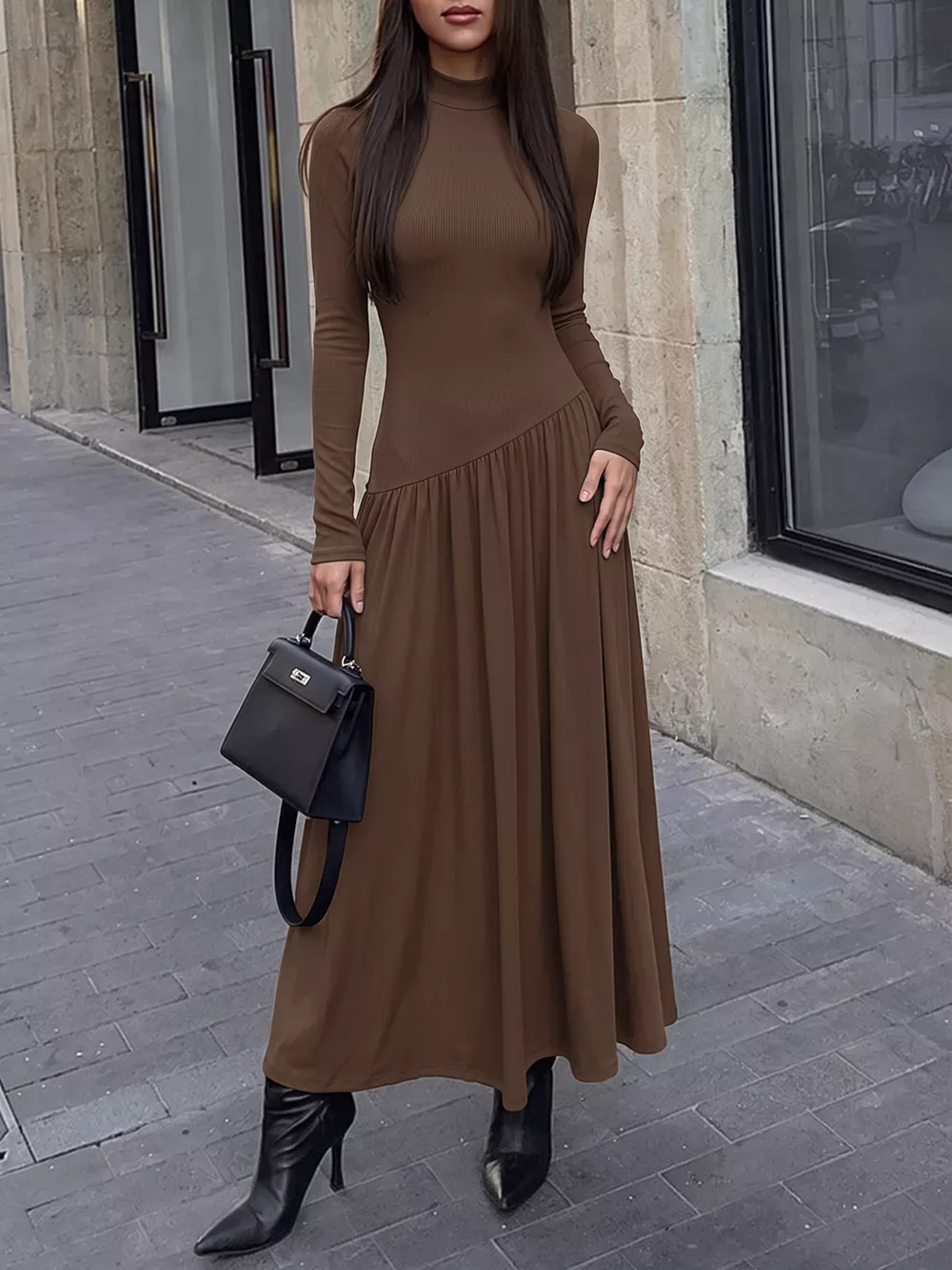 Mock Neck Long Sleeve Midi Dress, image 2