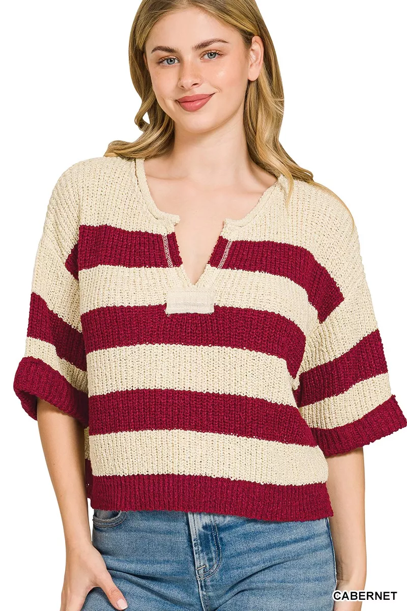 Split Neck Stripe Sweater