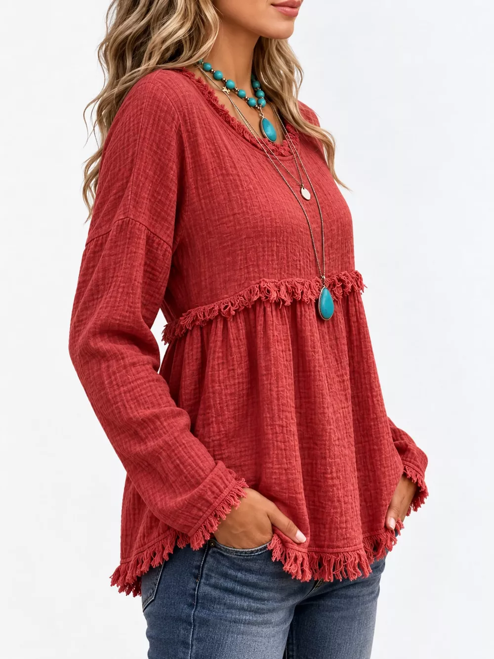 Full Size Frayed Hem Textured Blouse Plus Size, image 3