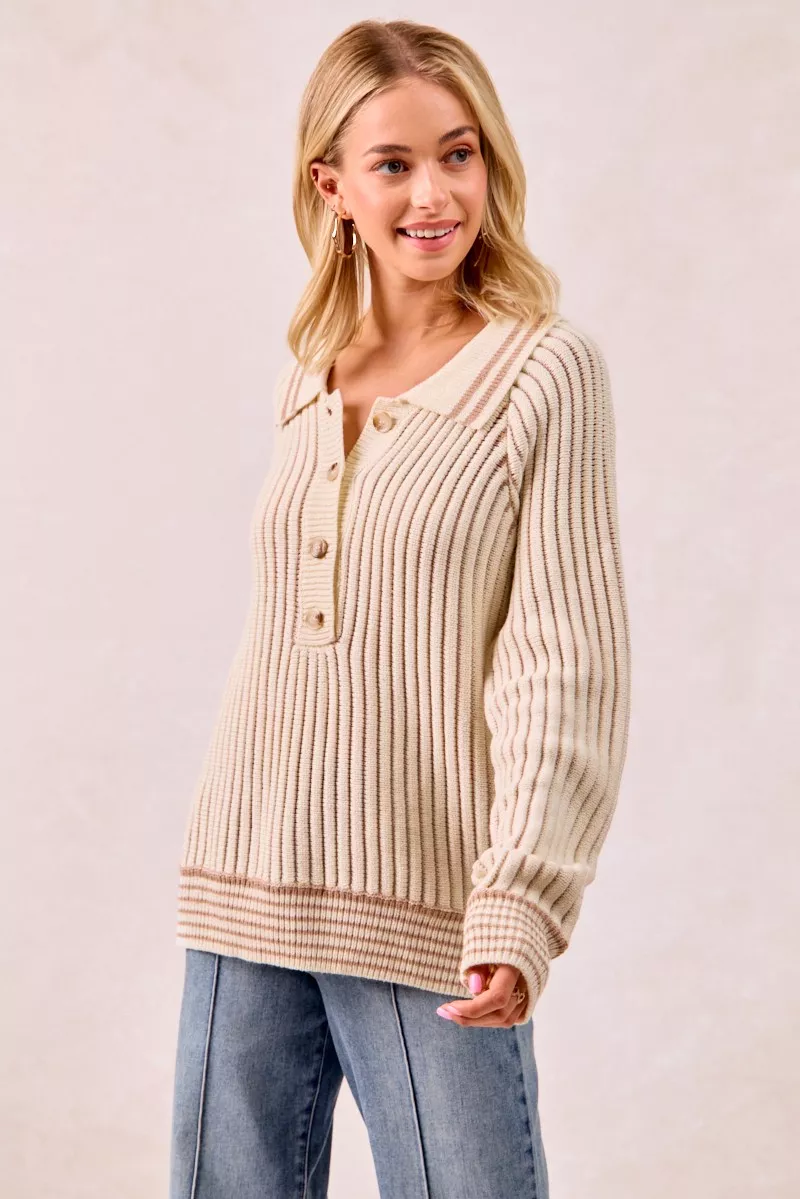 Half Button Ribbed Two Tone Sweater, image 12