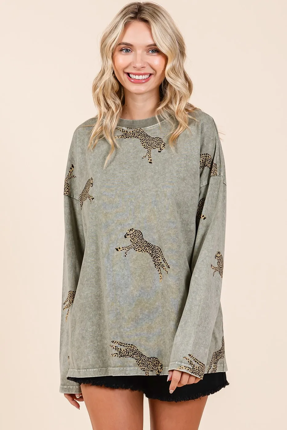 Mineral Wash Cheetah Print Long Sleeve Top, image 7