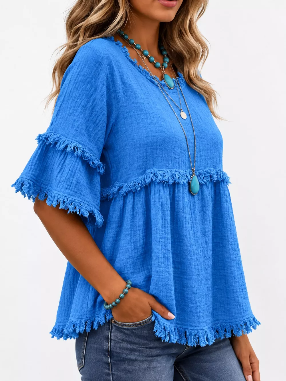 Full Size Frayed Edge Textured Blouse Plus Size, image 35