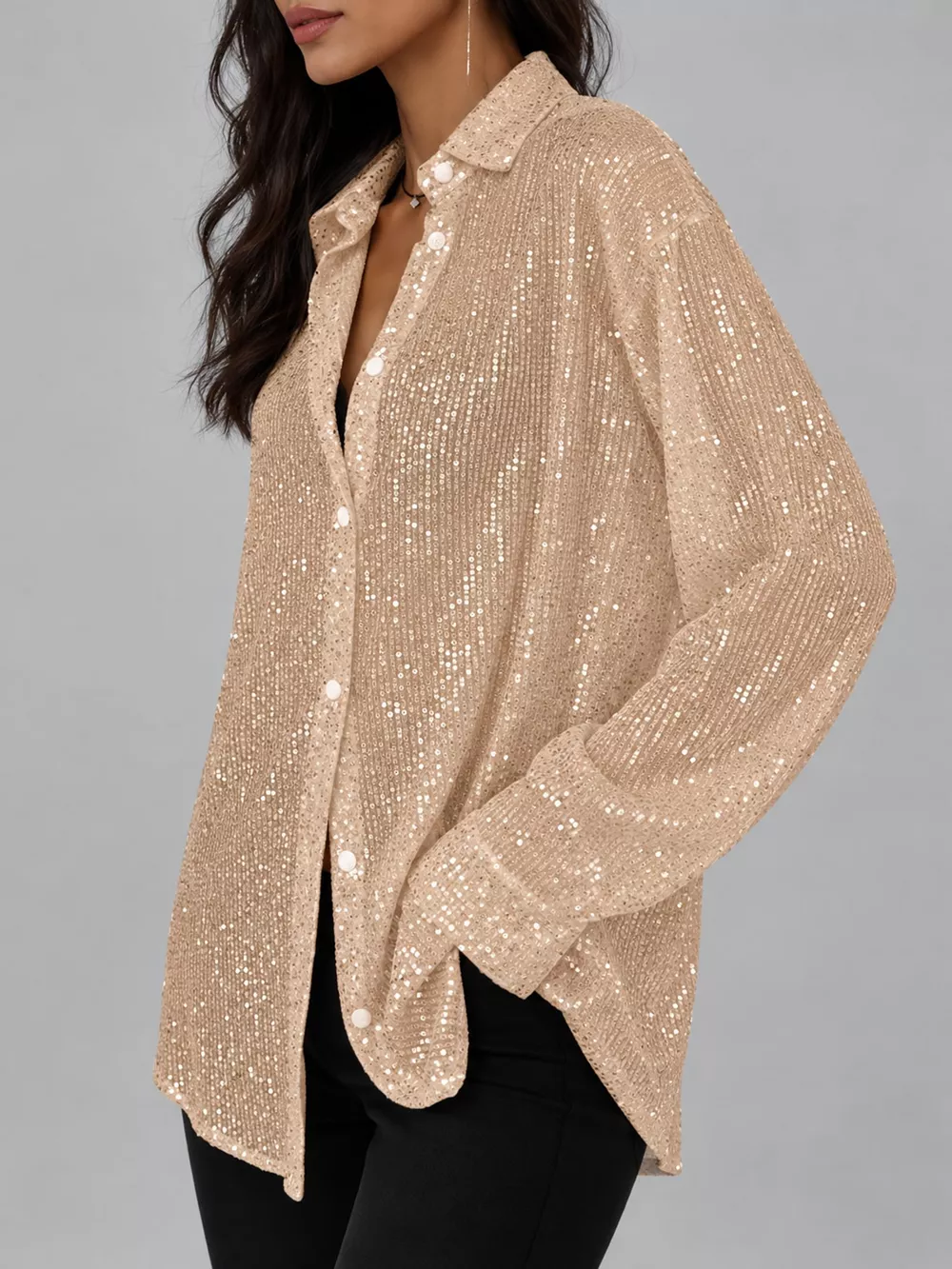 Full Size Sequin Button-Down Shirt Plus Size, image 36