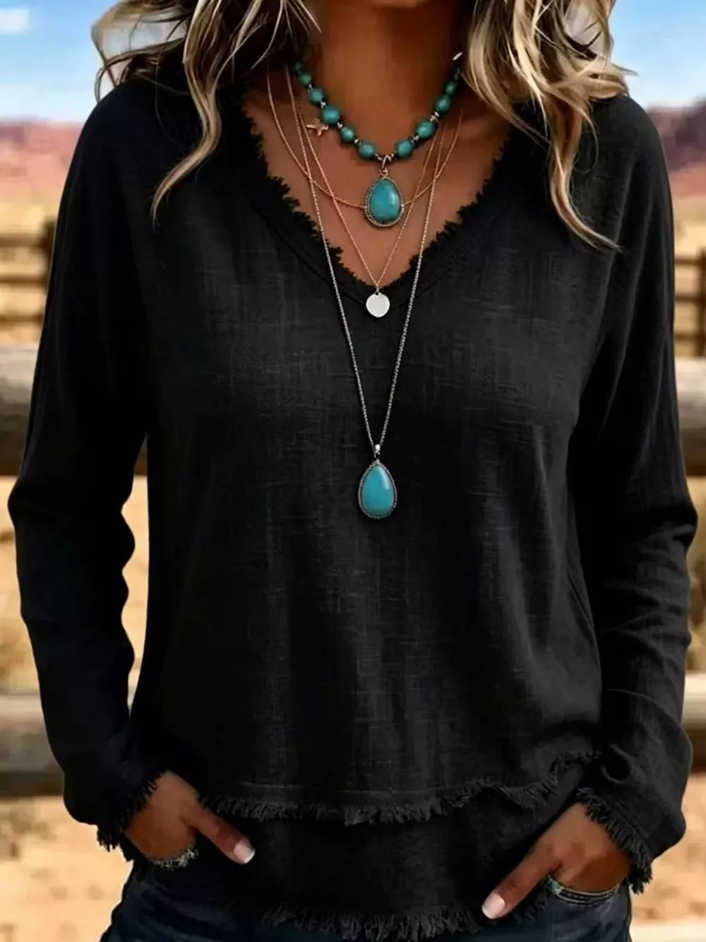 Full Size Frayed Hem V-Neck Long Sleeve Blouse Plus Size, image 6