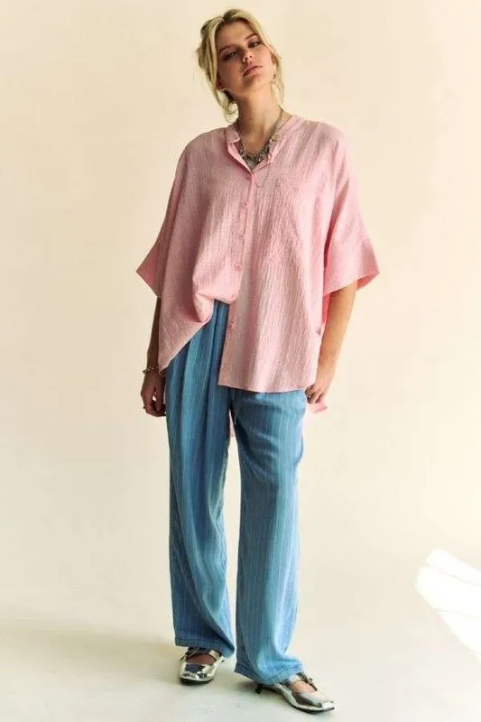 Rhinestone Pleat Back Short Sleeve Loose Fit Shirt, image 6