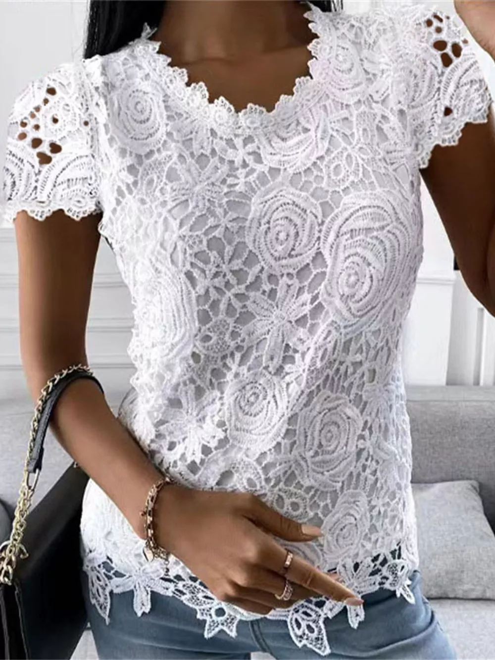 Full Size Elegant Floral Lace Short Sleeve Blouse Plus Size