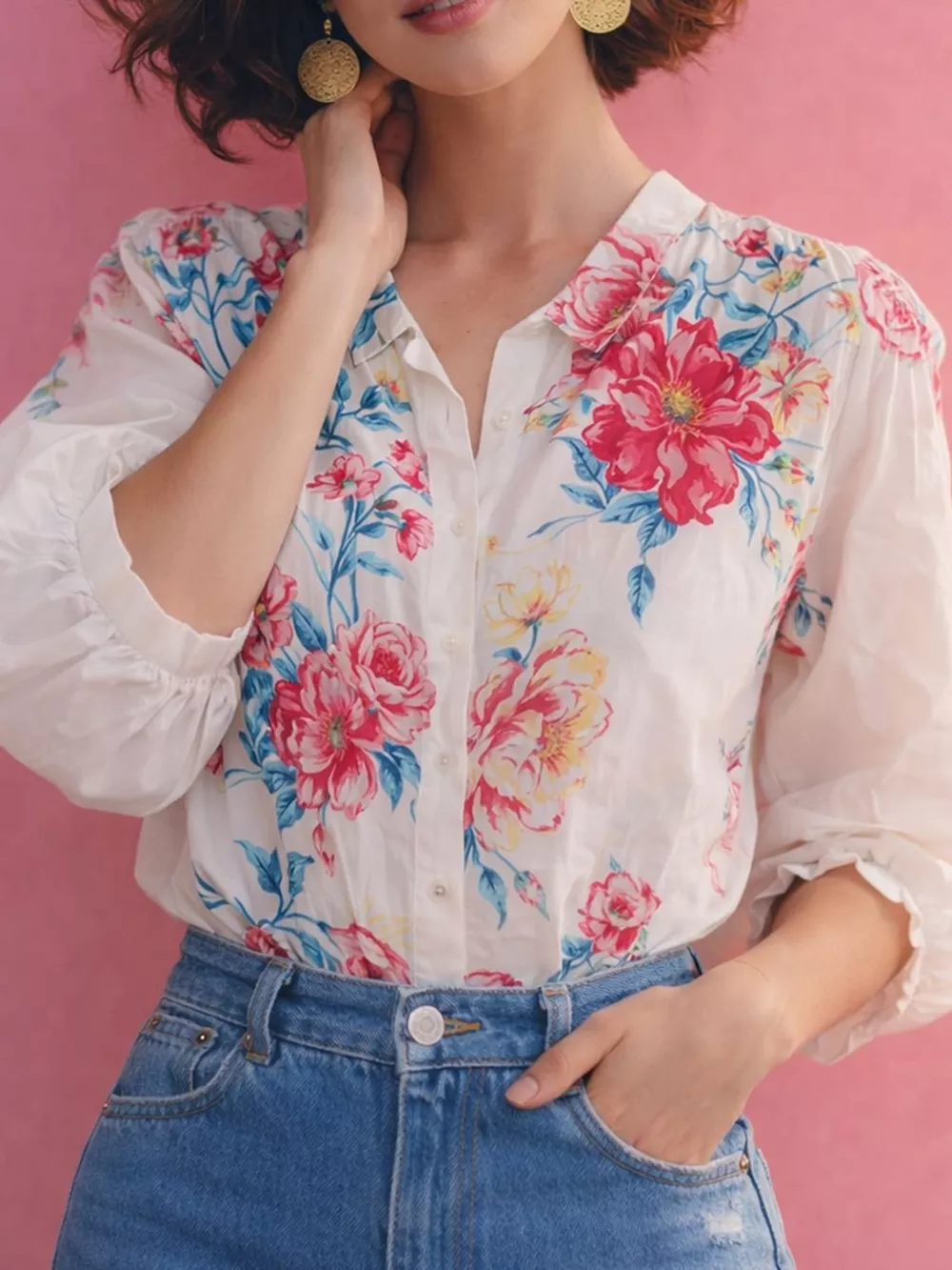 Floral Print V-Neck Shirt with Voluminous Puff Sleeves, image 2