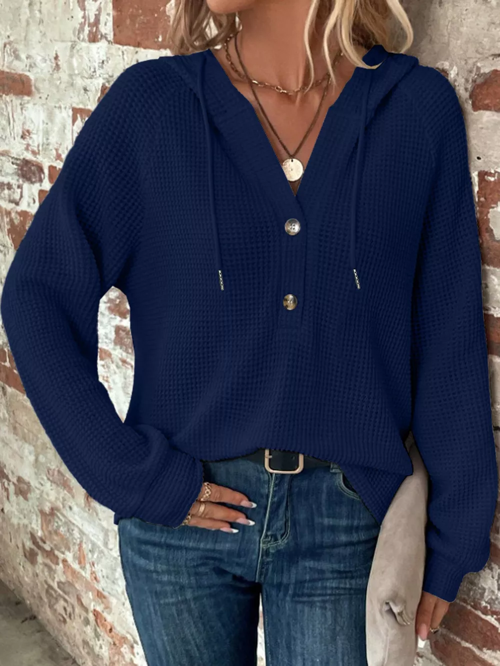 Full Size Waffle Knit Button Detail Hoodie Plus Size, image 17