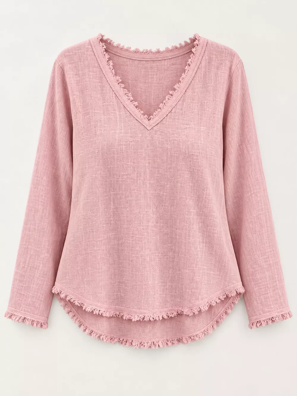 Full Size Frayed Hem V-Neck Long Sleeve Blouse Plus Size, image 39