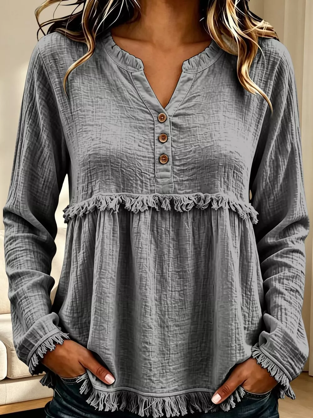 Full Size Frayed Hem Button Detail Blouse Plus Size, image 16