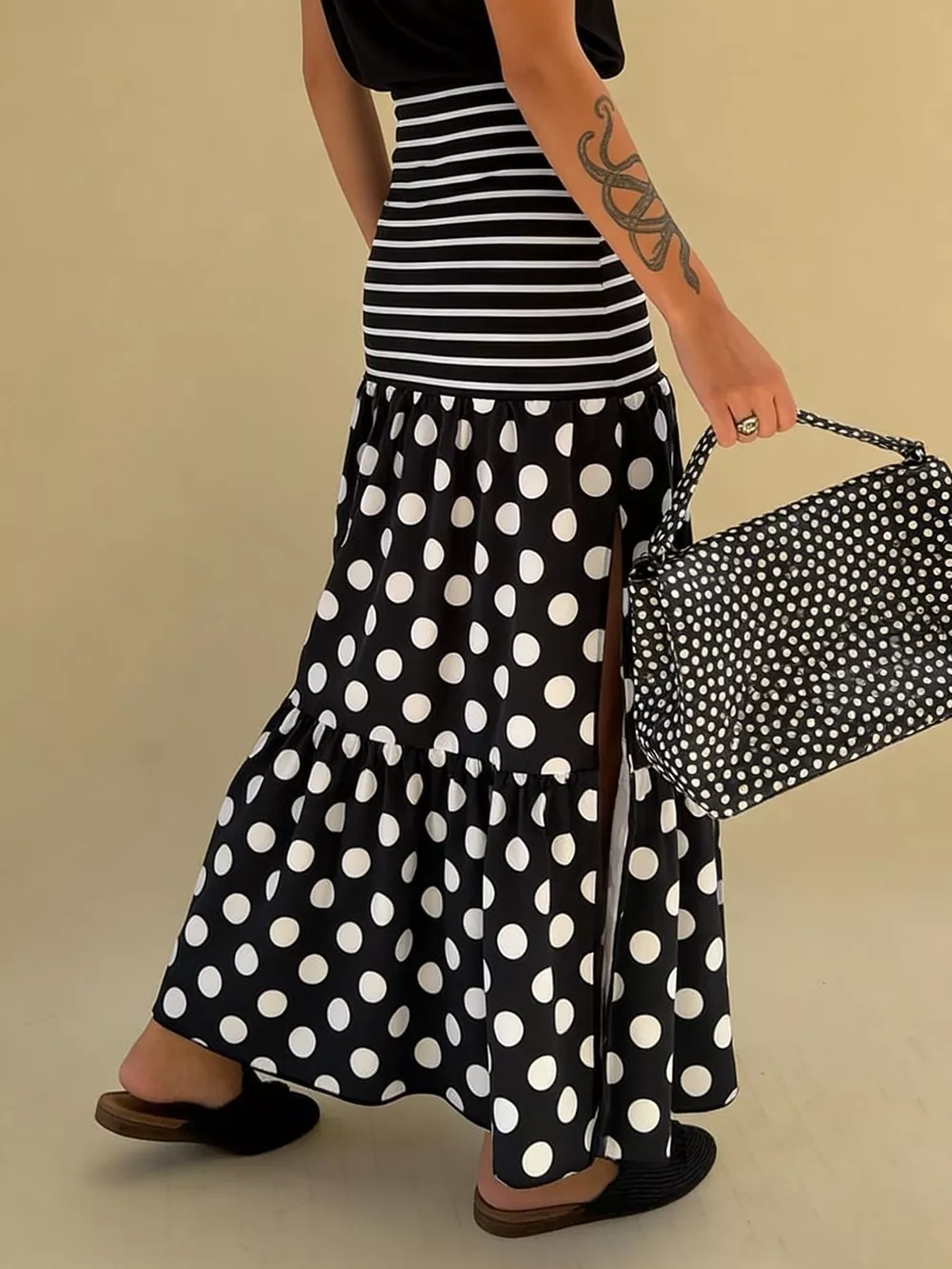 Polka Dot Striped Slit Maxi Skirt