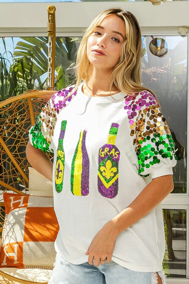 Sequin Mardi Gras Bottles Spangled Sleeve Top, image 25