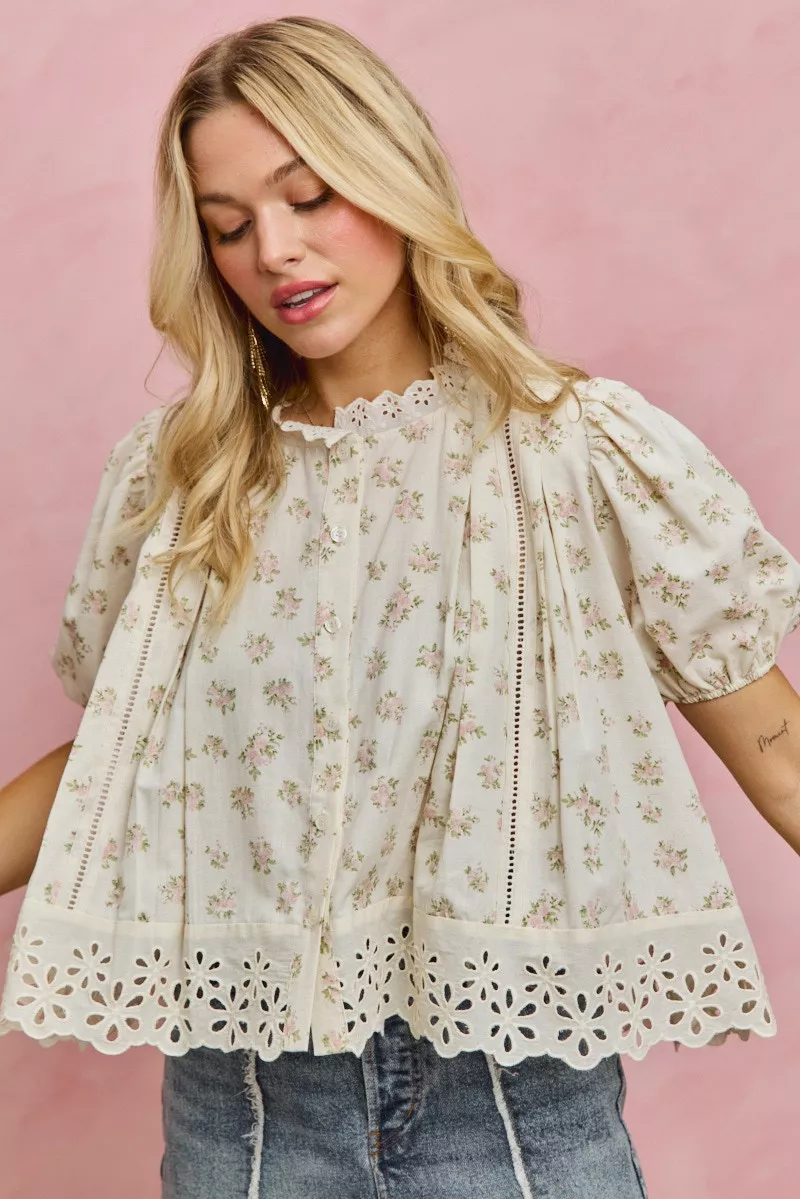 Floral Print Lace Trim Short Sleeves Blouse, image 3